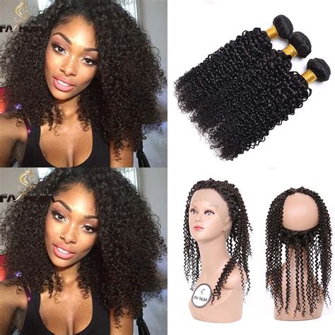 2019 Virgin Brazilian Natural Black Kinky Curly Real Human Hair Weaves With Full Lace Frontal