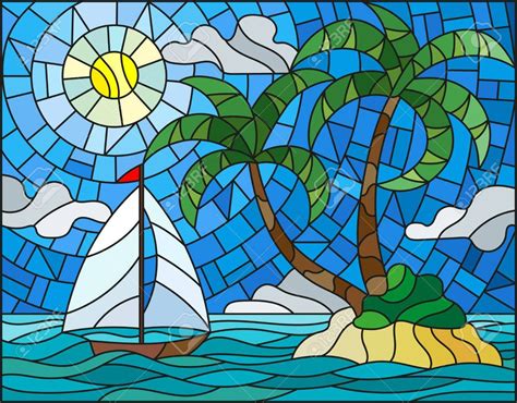 illustration in stained glass style with the seascape tropical island with palm trees and a