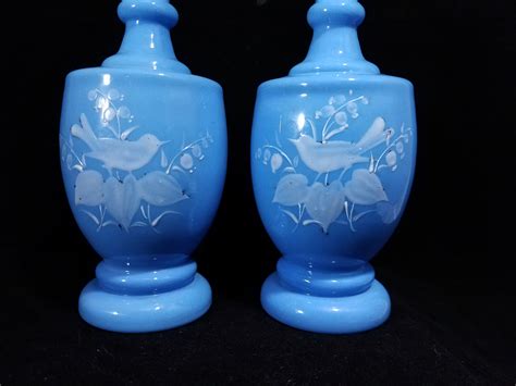 Pair Of Blue Opaline Glass Vases Bottles Antiques Board
