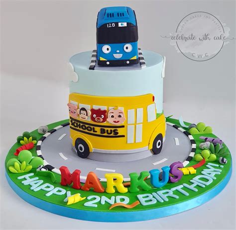 We're all going to have so much fun baking a cake together today! Celebrate with Cake!: Tayo and Cocomelon bus single tier Cake