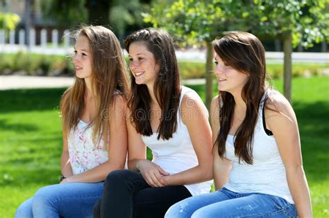 Three Teenage Girls Talking Stock Image Image Of Group Joyful 48947691