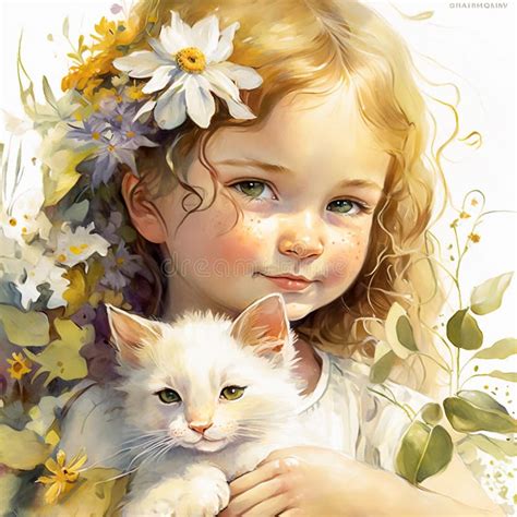 Portrait Of A Beautiful Cute Little Girl With White Cat Digital