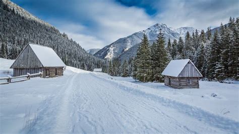 Wooden Cottages Covered By Snow In Winter At Sunrise Tatra Mountains
