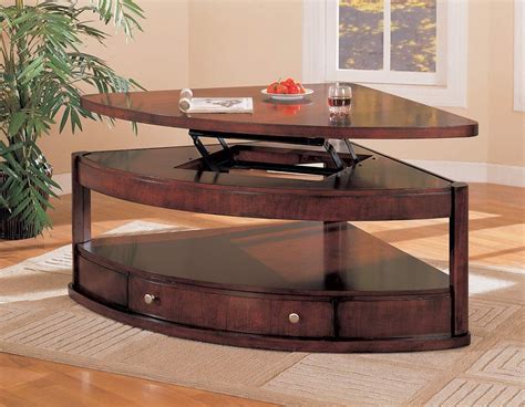 This triangular shaped coffee table features a rich pecan wood finish with a unique style base. Lift Top Coffee Tables With Storage | MarkOConnell.net ...