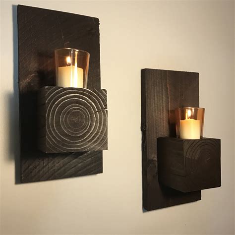 Set Of 2 Wood Block Wall Sconce Rustic Home Decor Candle Etsy