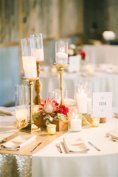 Check out the visual diy how to steps below, then give this project a whirl for your engagement party, bridal shower or wedding day reception. Glam indoor wedding reception table decor, gold candle holders, gold sequin table ru… | Wedding ...