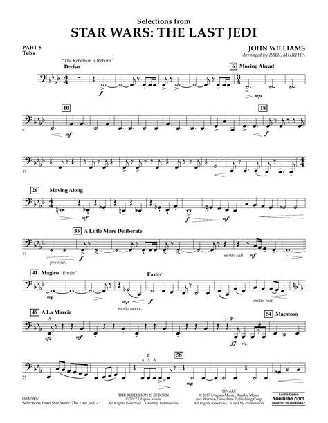 Once purchased you will receive 1 download with all included material. Selections from Star Wars: The Last Jedi - Pt.5 - Tuba Sheet Music | Paul Murtha | Concert Band ...