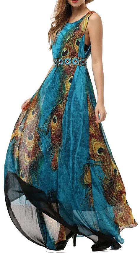 women s dresses peacock printed bohemian summer vestidos maxi dress plus size 1106 in dresses