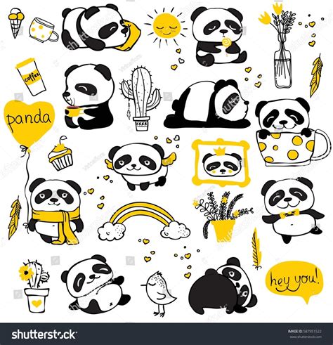 Panda Doodle Kid Set Simple Design Of Cute Pandas And Other Individual