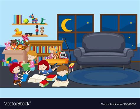 Scene With Many Kids Reading In The Room Illustration Download A Free