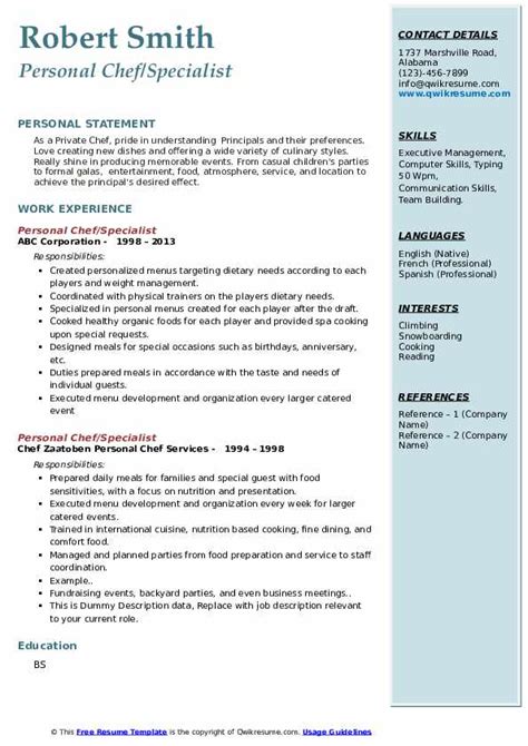 Personal Chef Resume Samples Qwikresume