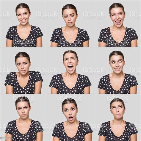 Young Beautiful Woman Making Various Facial Expressions Stock Photo ...