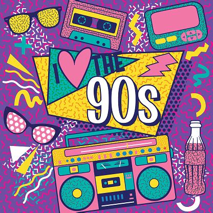 A Colourful Retro I Love The 90s Poster Design Stock Illustration