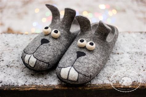 Felted Wool Slippers Funny Grey Bunny Mens House Shoes Wooden Petagadget