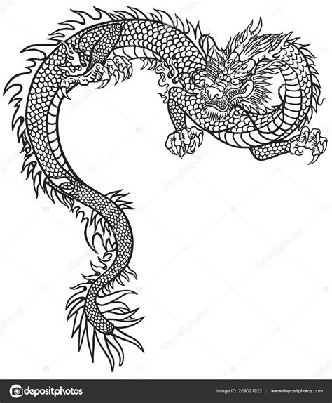 Eastern Dragon Black White Tattoo Style Outline Vector