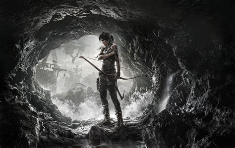 Wallpaper Rise of the Tomb Raider, game, cave, rain, bow, water, ship