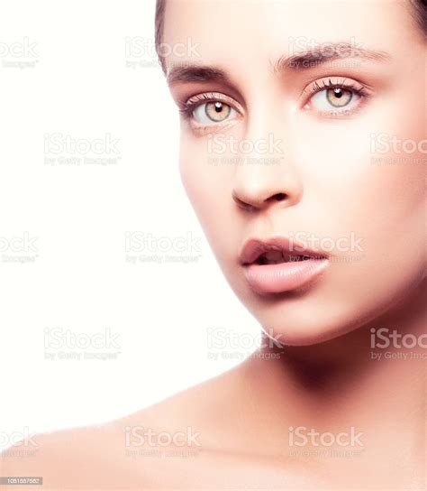 Closeup Beauty Face Of Fashion Model Girl With Clean Skin Natural Nude