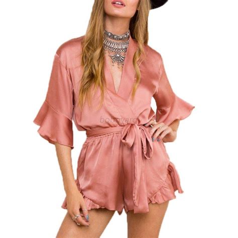 sexy womens satin silk v neck party jumpsuit romper shorts playsuit clubwear ebay