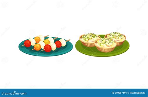 Finger Foods With Stuffed Tartlet And Canape On Skewer As Small Portion