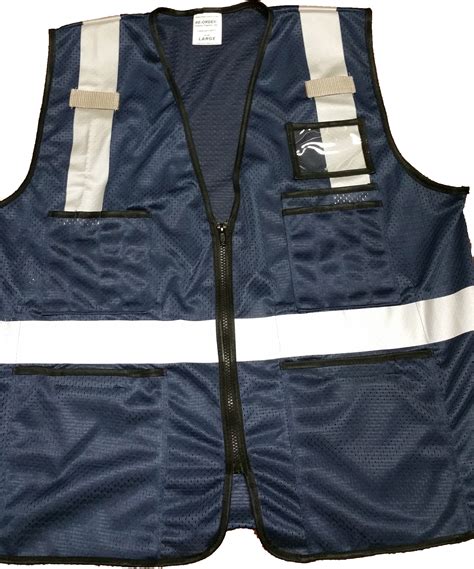 Class d/n for day or night use Navy Blue Mesh Safety Vest with Silver Hi-Gloss Striping ...