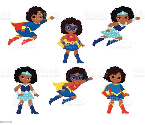 African American Cute Superhero Girl Vector Clip Art Set