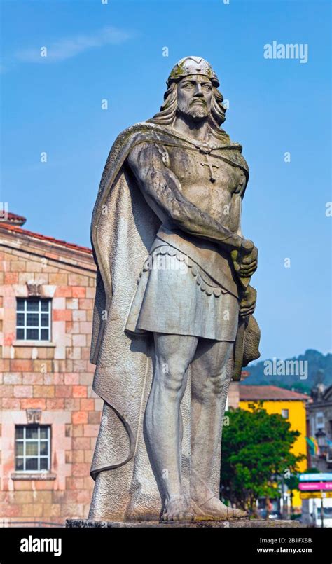 Statue Of Pelagius Of Asturias Known In Spanish As Pelayo In Front Of