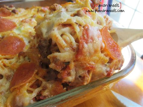 Drain spaghetti and cool slightly; po' man meals - pizza spaghetti bake