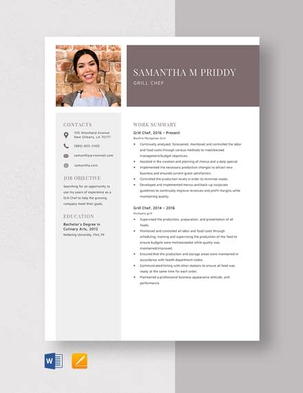 Free Grill Cook Resume Template Word Apple Pages