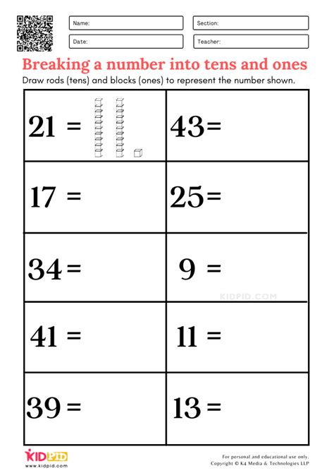 Break Apart Numbers To Add Draw Tens And Ones Worksheet