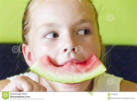 Cute Girl Eating Watermelon Stock Image Image Of Seven White 47386533