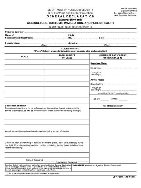 Us Customs Form Cbp Form 7507 General Declaration Agriculture