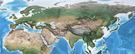 Physical Map Of Eurasia Europe And Asia Flattened Satellite View Of