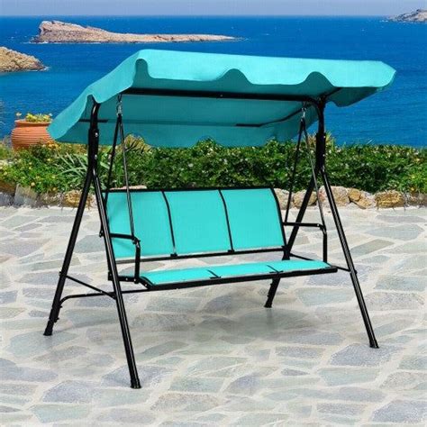 Outdoor Patio 3 Person Porch Swing Bench Chair With Canopy Blue Patio