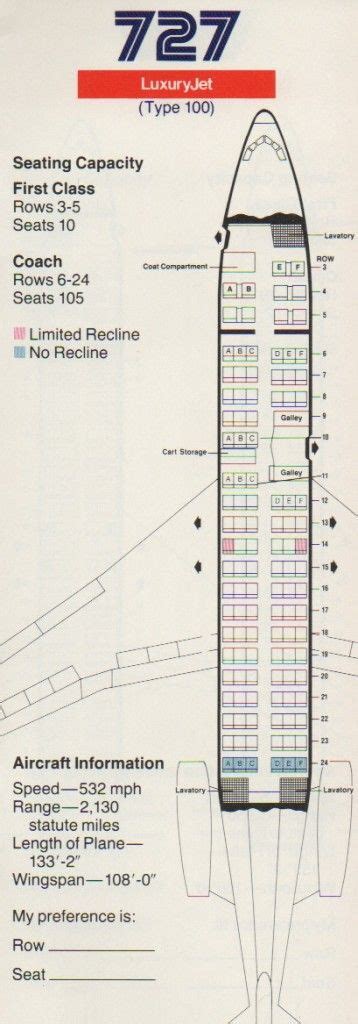 Vintage Airline Seat Map American Airlines Boeing 727 100 From 1985
