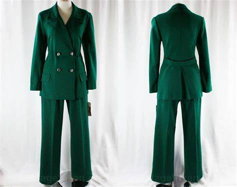Size 12 Forest Green Pant Suit Double Breasted 70s Swagger