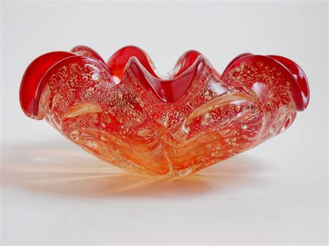 Mid Century Murano Art Glass Bowl Ashtray Red And Clear With Bullicante And Silver Flakes