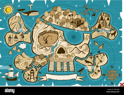 Map Of Treasure Island In The Shape Of Skull And Bones Use The X In