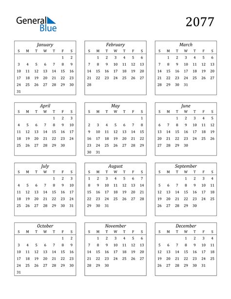 2077 Calendar Pdf Word Excel