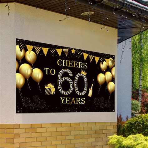 Happy 60th Birthday Party Backdrop Banner Extra Large Fabric Black
