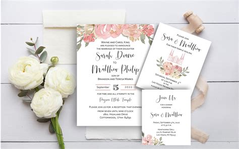 Lds Temple Wedding Invitation Blush Neutral Rose Floral Watercolor
