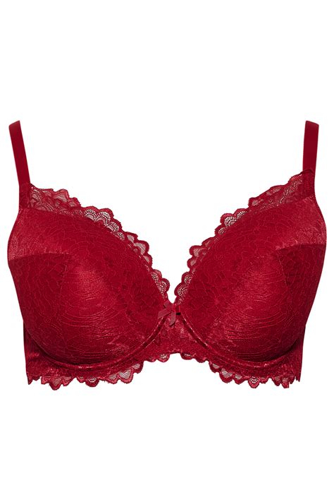 Red Lace Padded Underwired Plunge Bra Yours Clothing