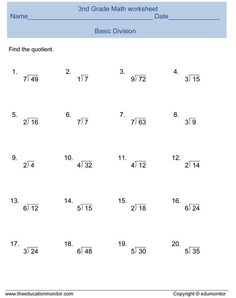 Basic Dividing Worksheets Division Worksheets Divide Numbers By 1 To