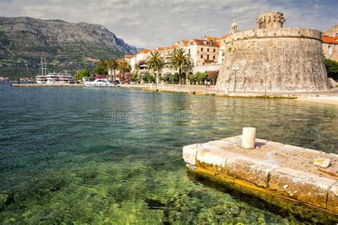 picturesque scenic view of the old town with port of korcula dalmatia croatia stock image