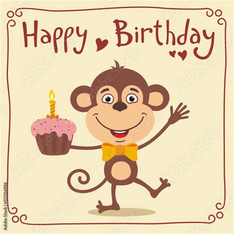 Happy Birthday Funny Monkey With Birthday Cake Greeting Card With