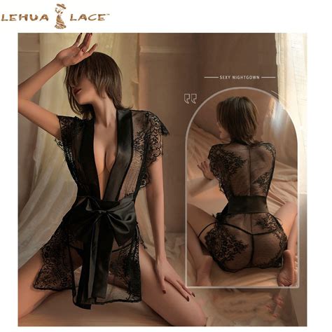 Women Sexy Lingerie See Through Lace Lace Cardigan Butterfly End Waist Nightdress Nightgown Set