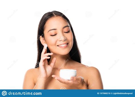 Naked Beautiful Asian Woman Applying Cosmetic Cream Isolated On White Stock Photo Image Of