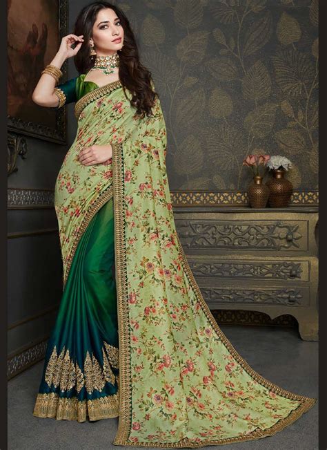 Tamannaah Bhatia Green And Multi Colour Raw Silk Designer Half N Half Saree