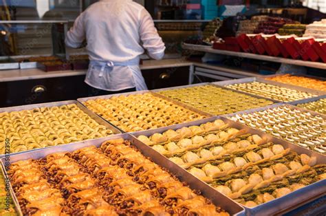 Various Turkish Baklava Pastry Dessert For Sale At A Confectionery On A