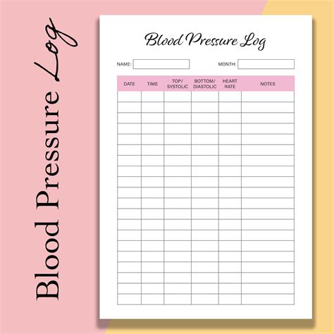 Blood Pressure Log Blood Pressure Printable Planner Daily Etsy
