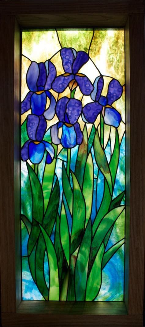 Meyda tiffany 30705 stained glass tiffany window from the floral elegance collection tiffany glass window treatments window decor stained glass panels. Framed Stained Glass Panel - Blue Iris | Stained glass ...